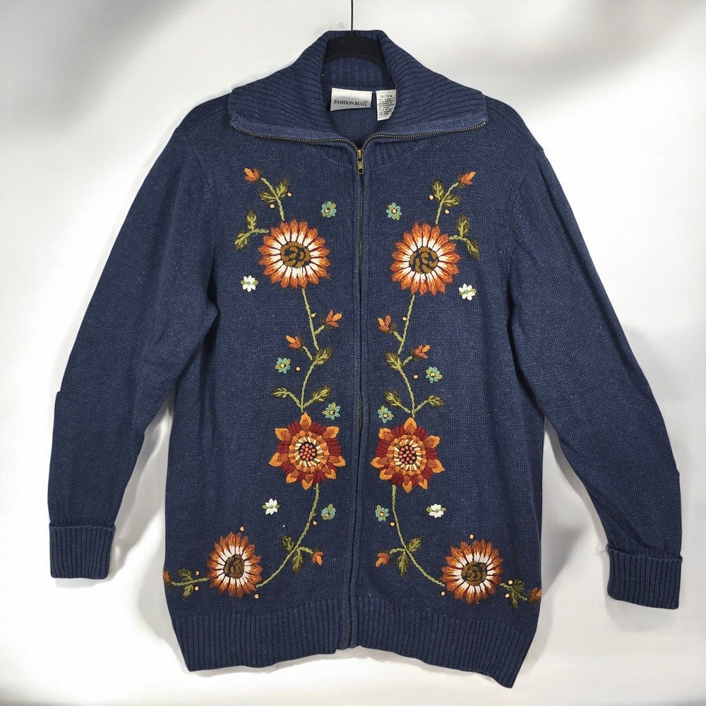 Fashion Bug Blue Embroidered Floral Knit Full Zip Cardigan Sweater 14/16W Autumn